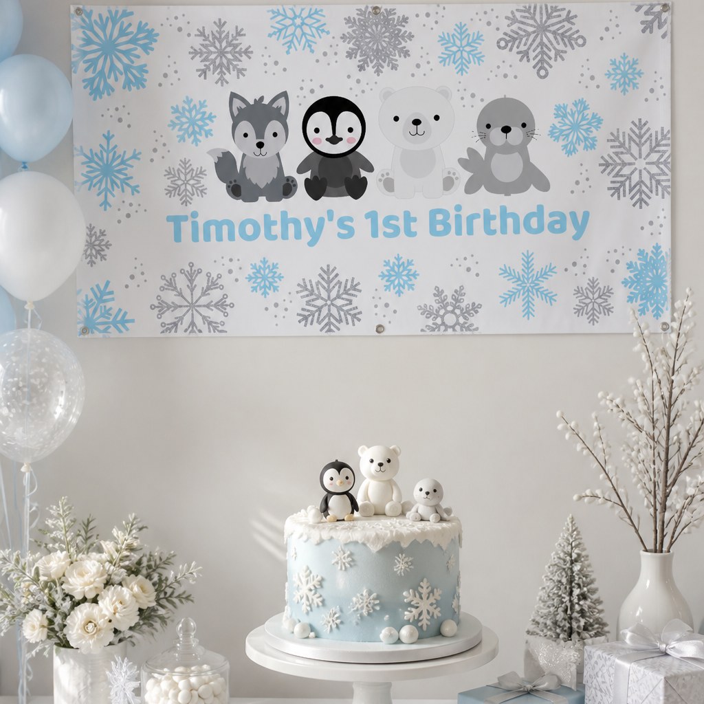 Blue and silver arctic animals first birthday setup with Timothy's personalised banner and matching cake