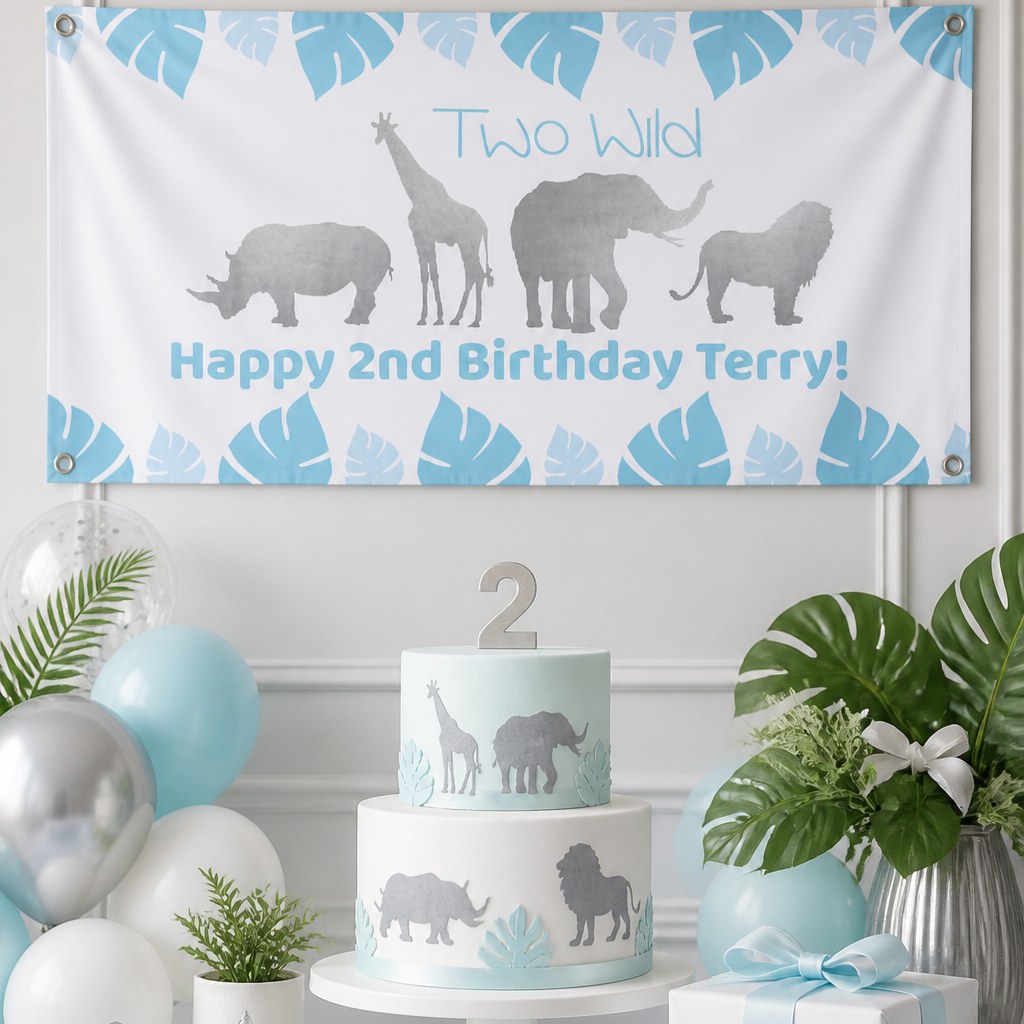 Blue and silver safari second birthday setup with Terry's personalised Two Wild banner and matching cake
