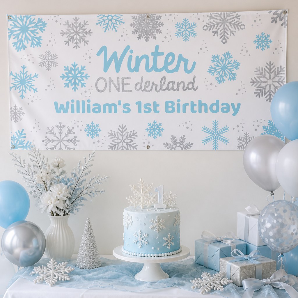 Blue and silver Winter ONEderland first birthday setup with William's personalised banner and matching cake
