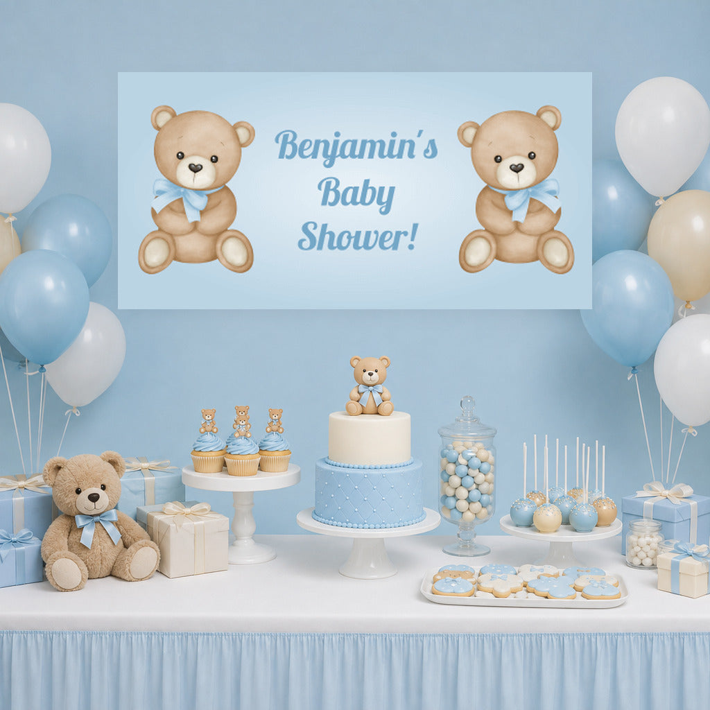 Blue teddy bear baby shower dessert table with Benjamin's personalised banner, cake, blue balloons and matching decorations.