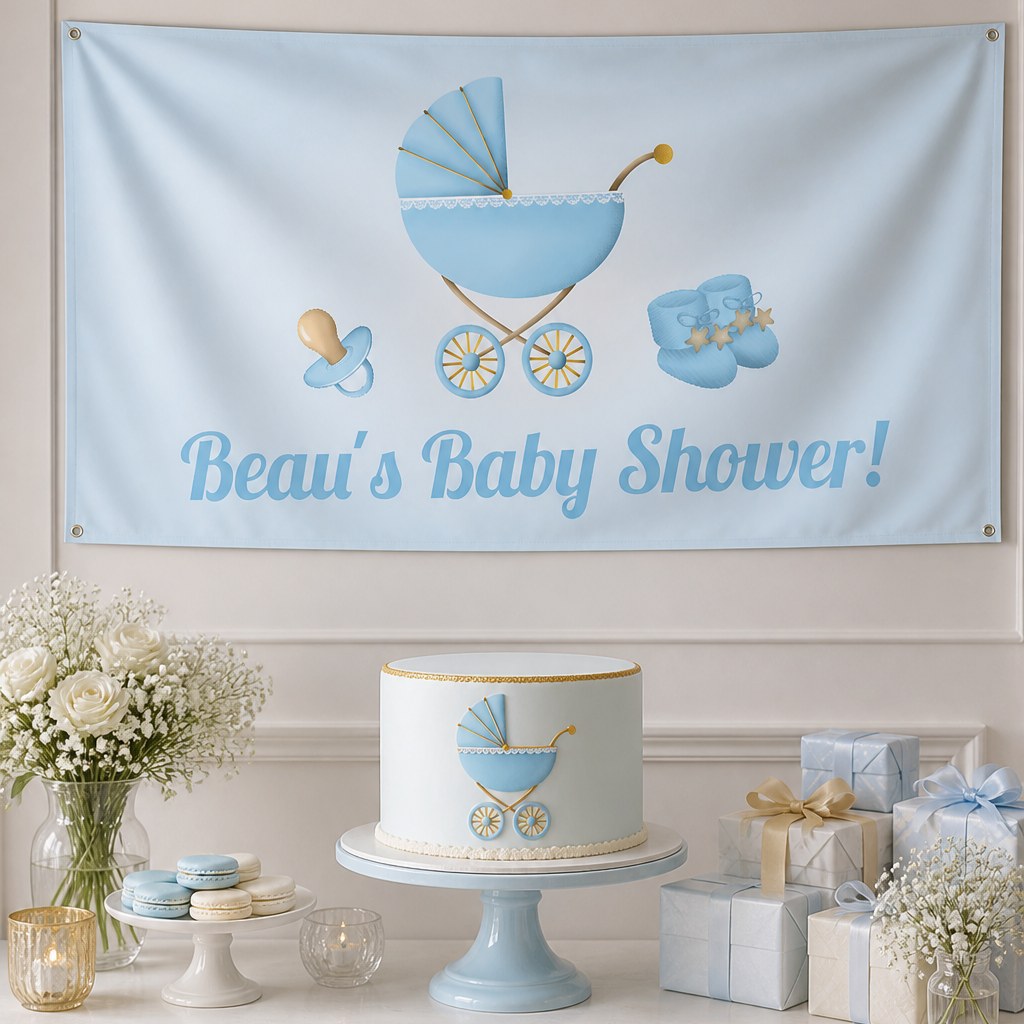 Pastel blue vintage pram baby shower setup with Beau's personalised banner and matching pram cake