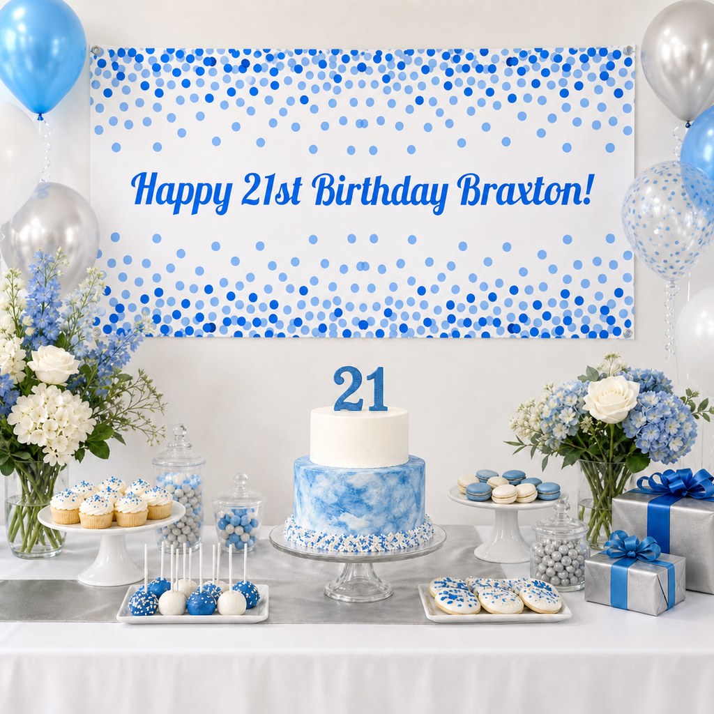 Blue, white and silver 21st birthday table with Braxton's personalised confetti banner, cake, balloons and decorations.