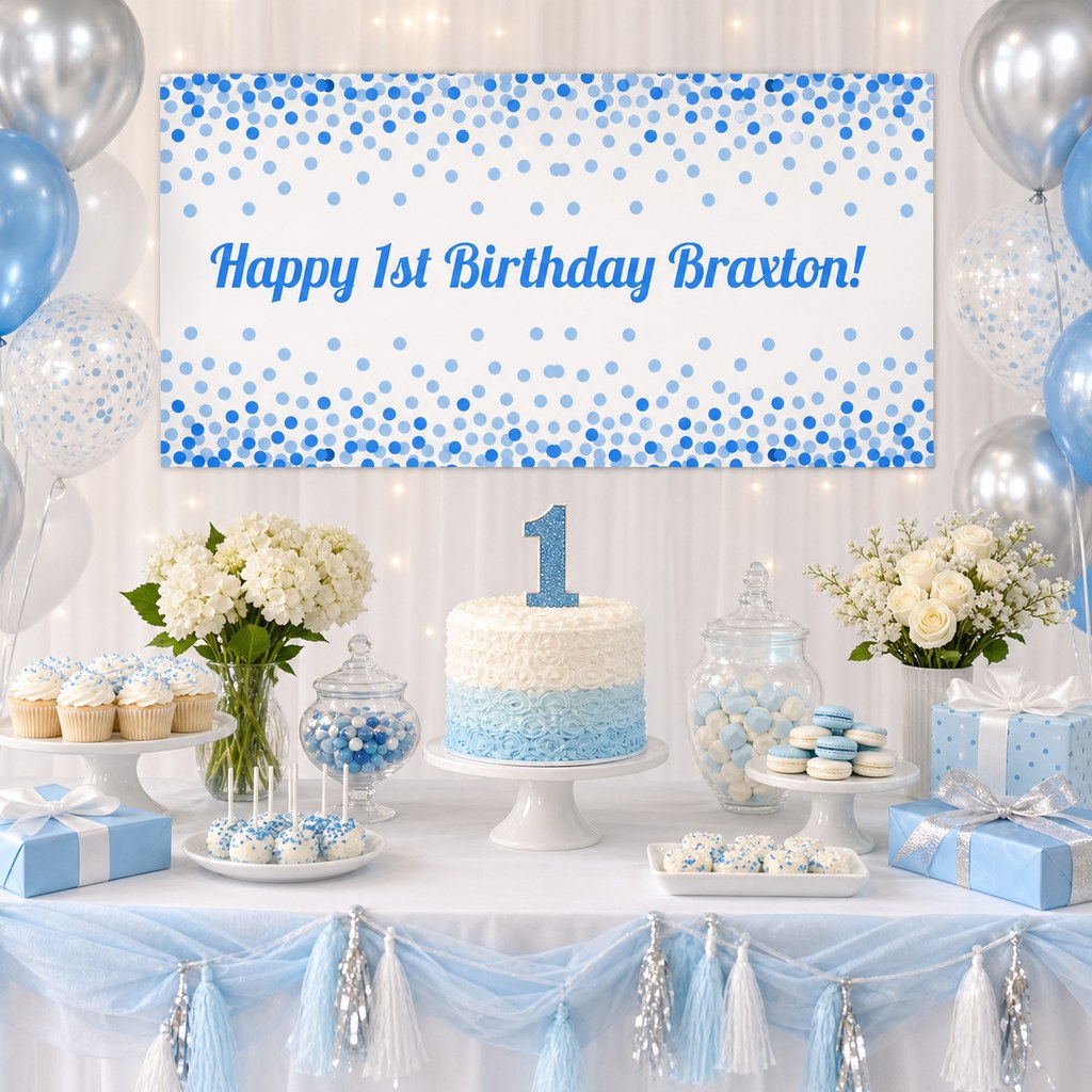 Blue, white and silver first birthday table with Braxton's personalised confetti banner, cake, balloons and decorations.