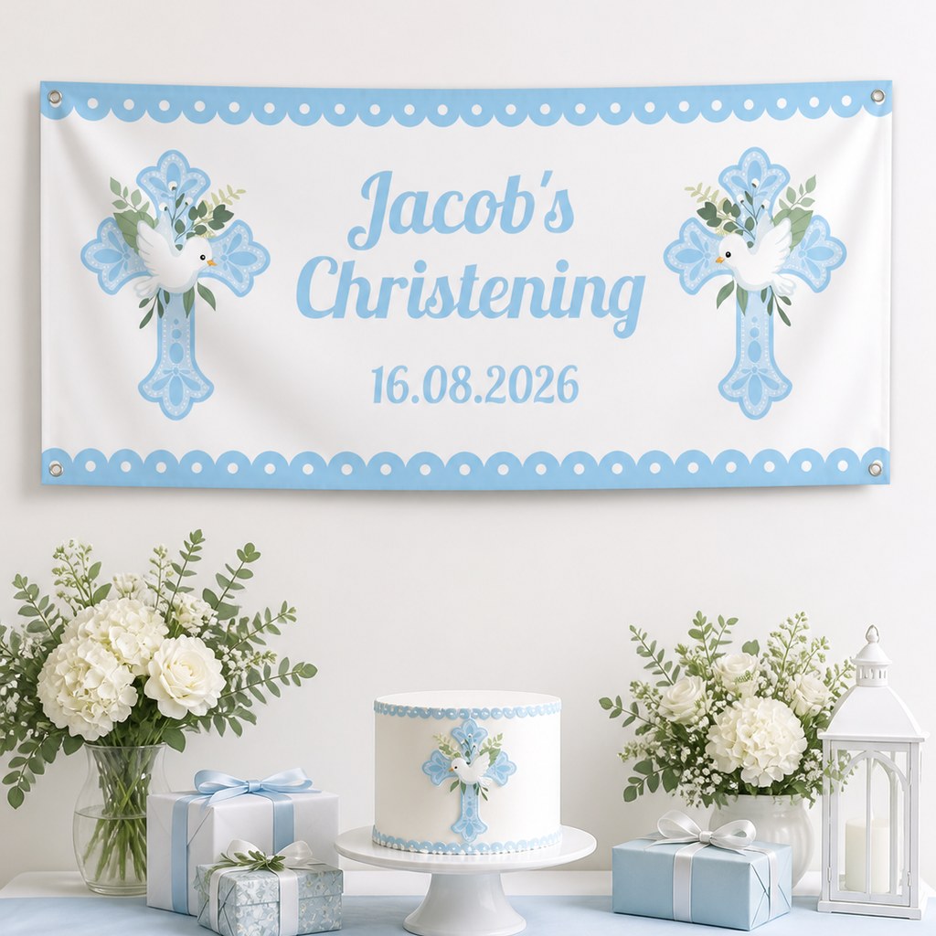 Blue and white dove christening setup with Jacob's personalised cross banner and matching cake