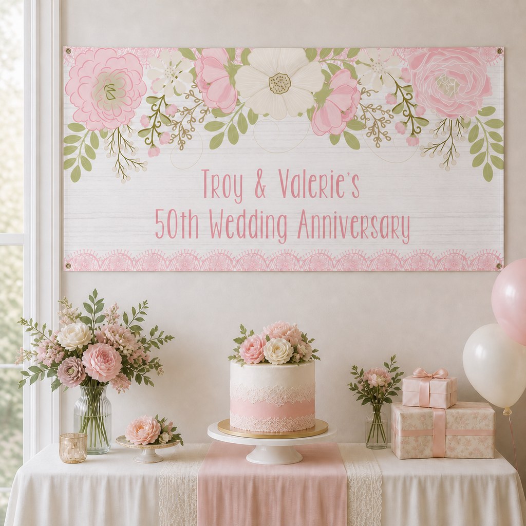 Boho Pink Floral & Lace Wedding Anniversary Decorations with a personalised banner, coordinated cake, soft pink florals, lace and coordinated table styling.