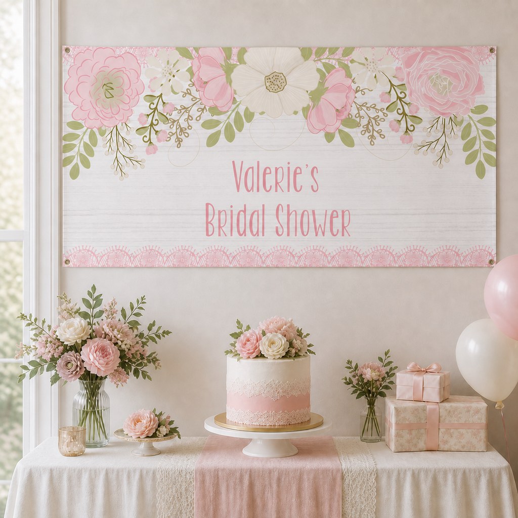 Boho Pink Floral & Lace Bridal Shower Decorations with a personalised banner, coordinated cake, soft pink florals, lace and coordinated table styling.