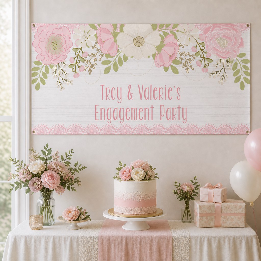 Boho Pink Floral & Lace Engagement Party Decorations with a personalised banner, coordinated cake, soft pink florals, lace and coordinated table styling.