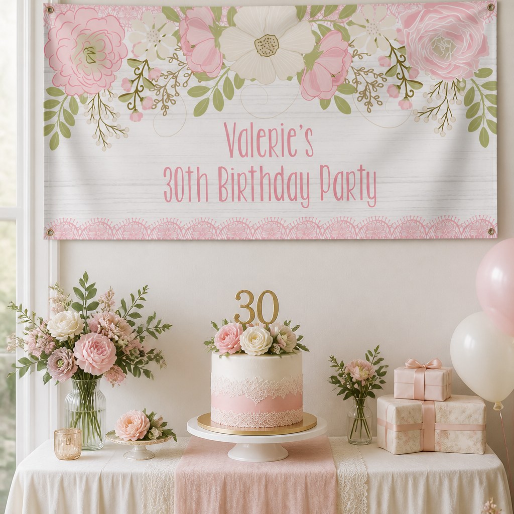 Boho pink floral thirtieth birthday setup with Valerie's personalised lace banner and matching cake