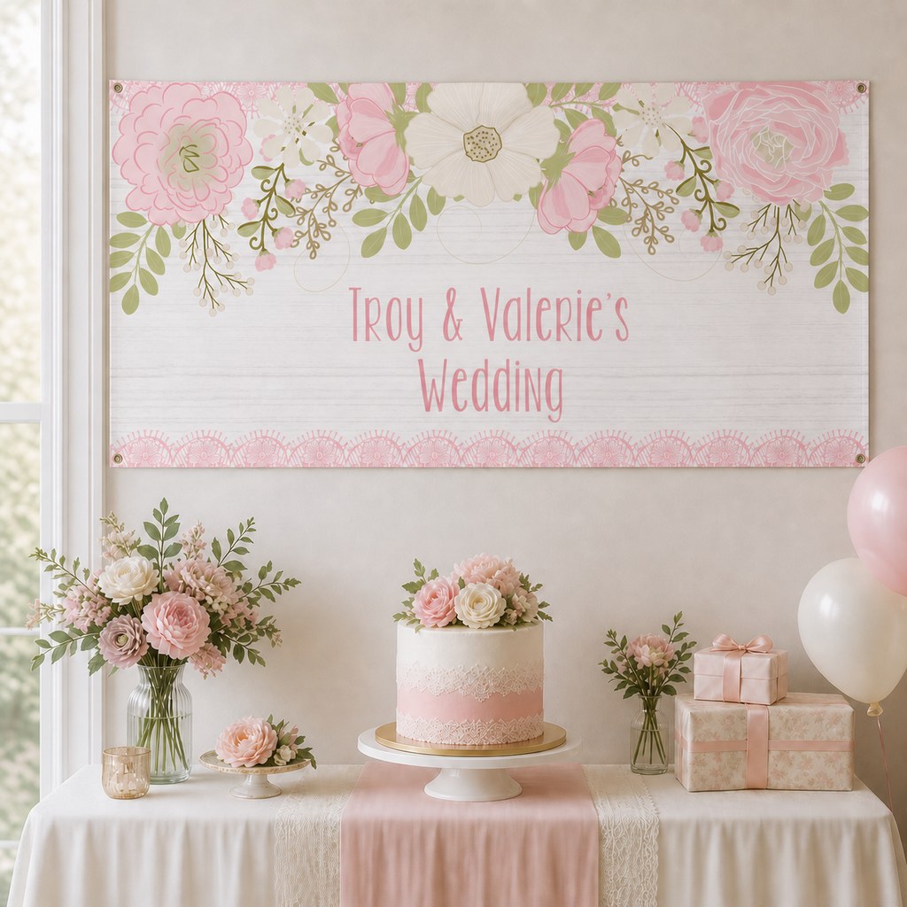 Boho Pink Floral & Lace Wedding Decorations with a personalised banner, coordinated cake, soft pink florals, lace and coordinated table styling.