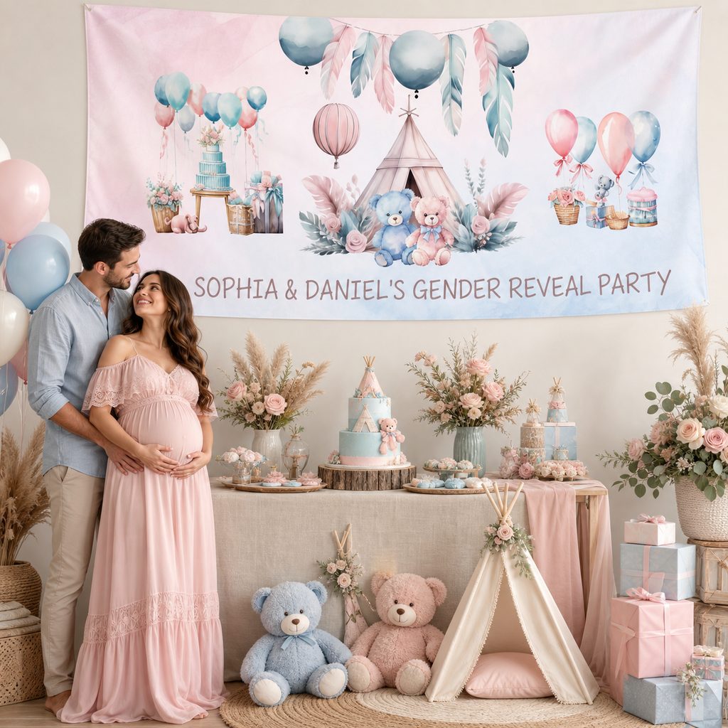 Personalised boho teddy bear gender reveal with Sophia and Daniel's banner teepee cake and decorations