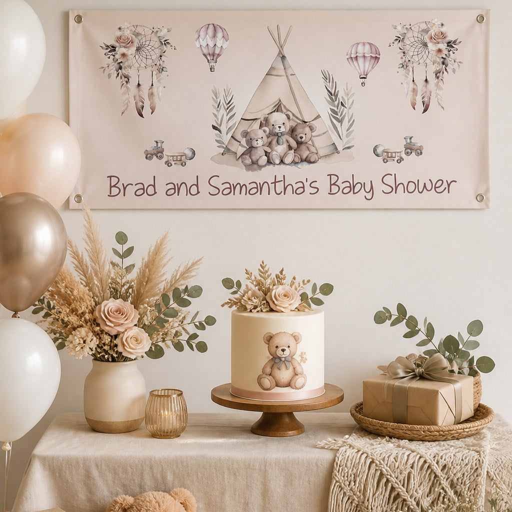 Boho teddy bears baby shower setup with Brad and Samantha's personalised neutral banner and matching cake