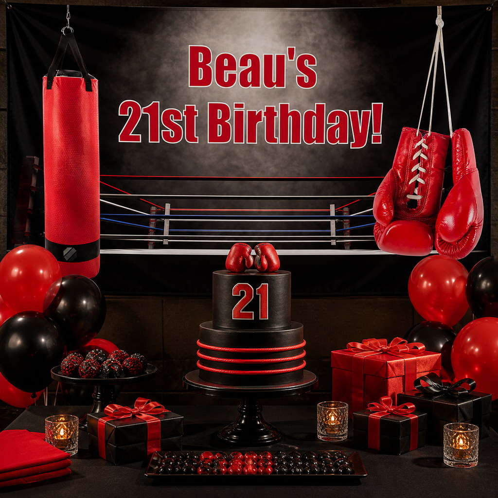 Personalised boxing 21st birthday decorations with Beau's black and red banner, matching cake and party styling