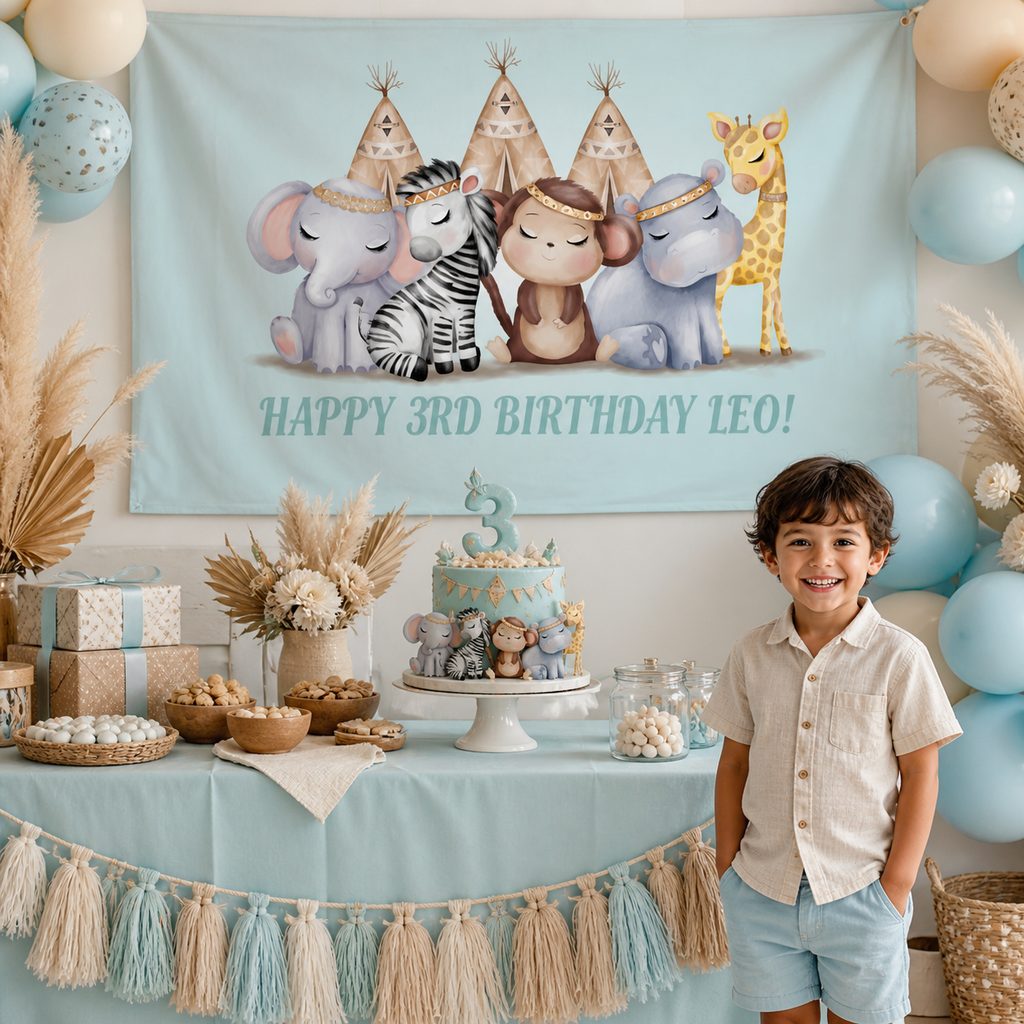 Personalised boys boho jungle birthday decorations with Leo's aqua animal banner and matching cake