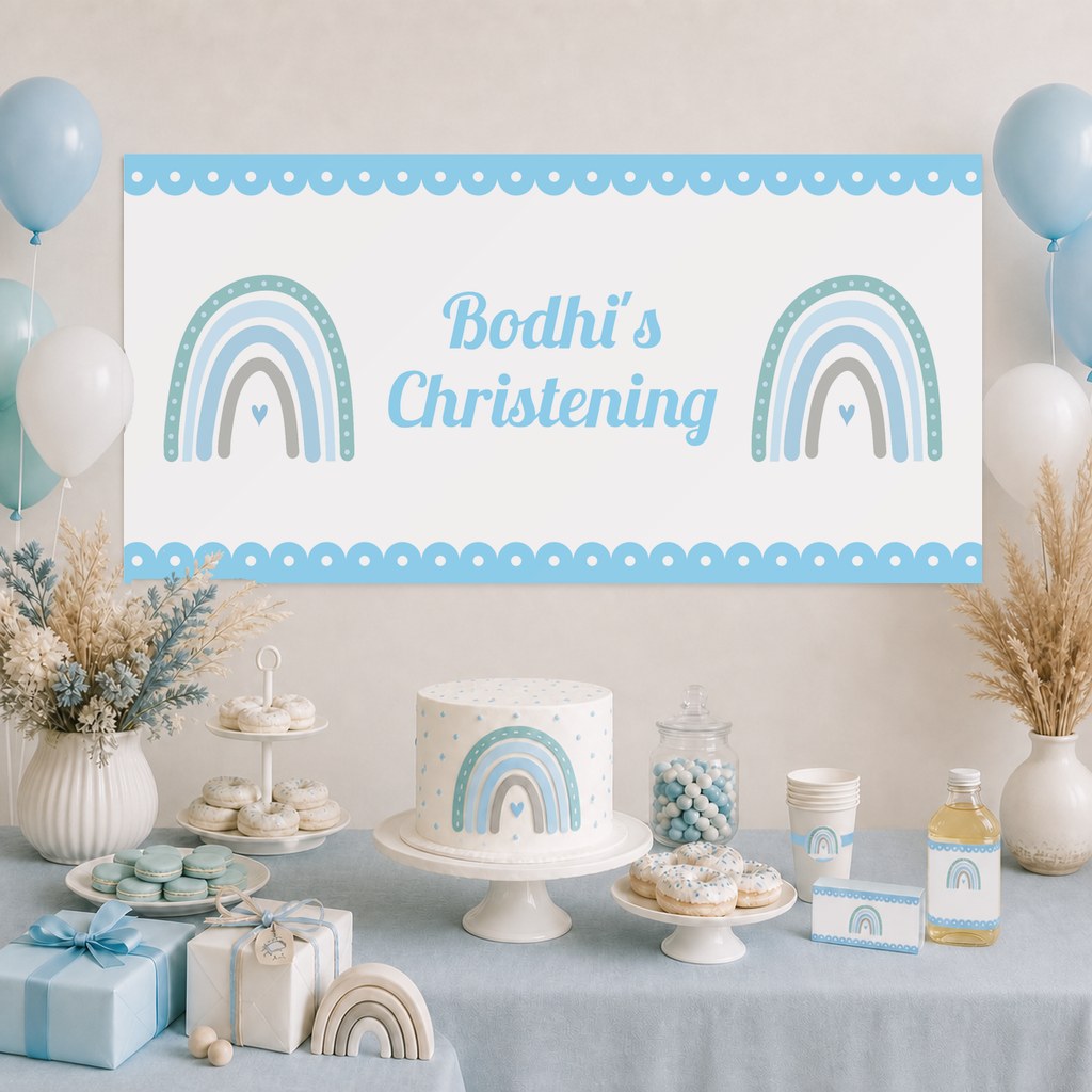 Boys Boho Rainbow Christening Decorations with a personalised banner, coordinated cake, coordinated rainbow artwork, soft florals and matching table styling.