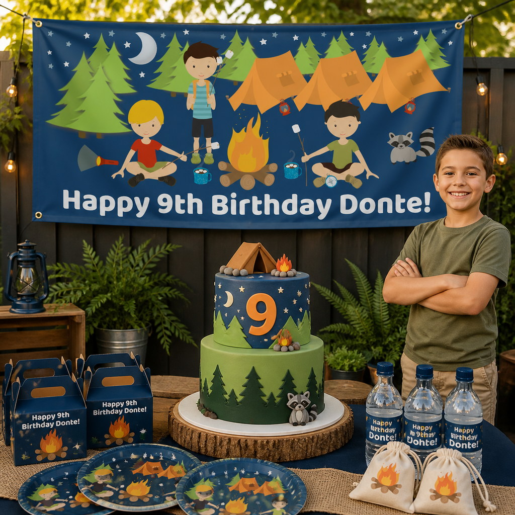 Personalised boys' camp-out birthday decorations with Donte's 9th birthday banner and matching cake