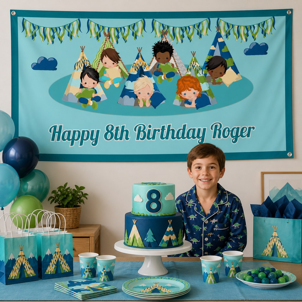 Personalised boys' slumber party decorations with Roger's aqua 8th birthday banner and matching cake
