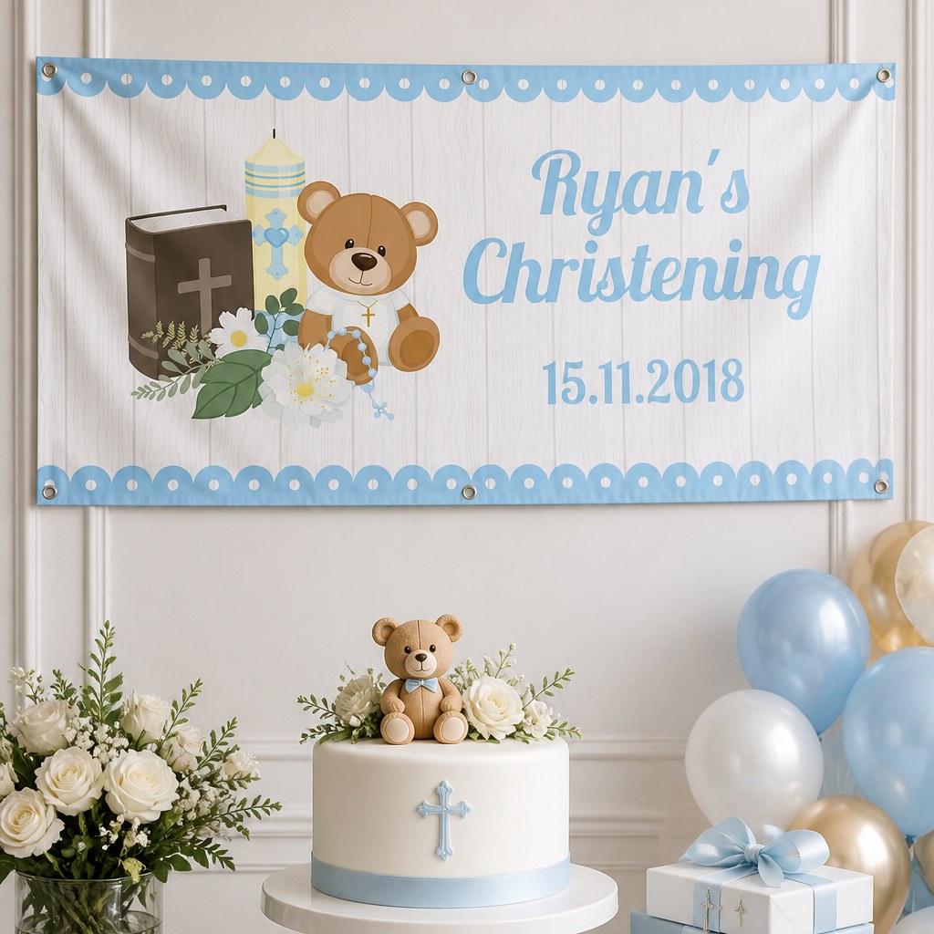 Boys teddy bear christening setup with Ryan's personalised blue banner and matching teddy bear cake