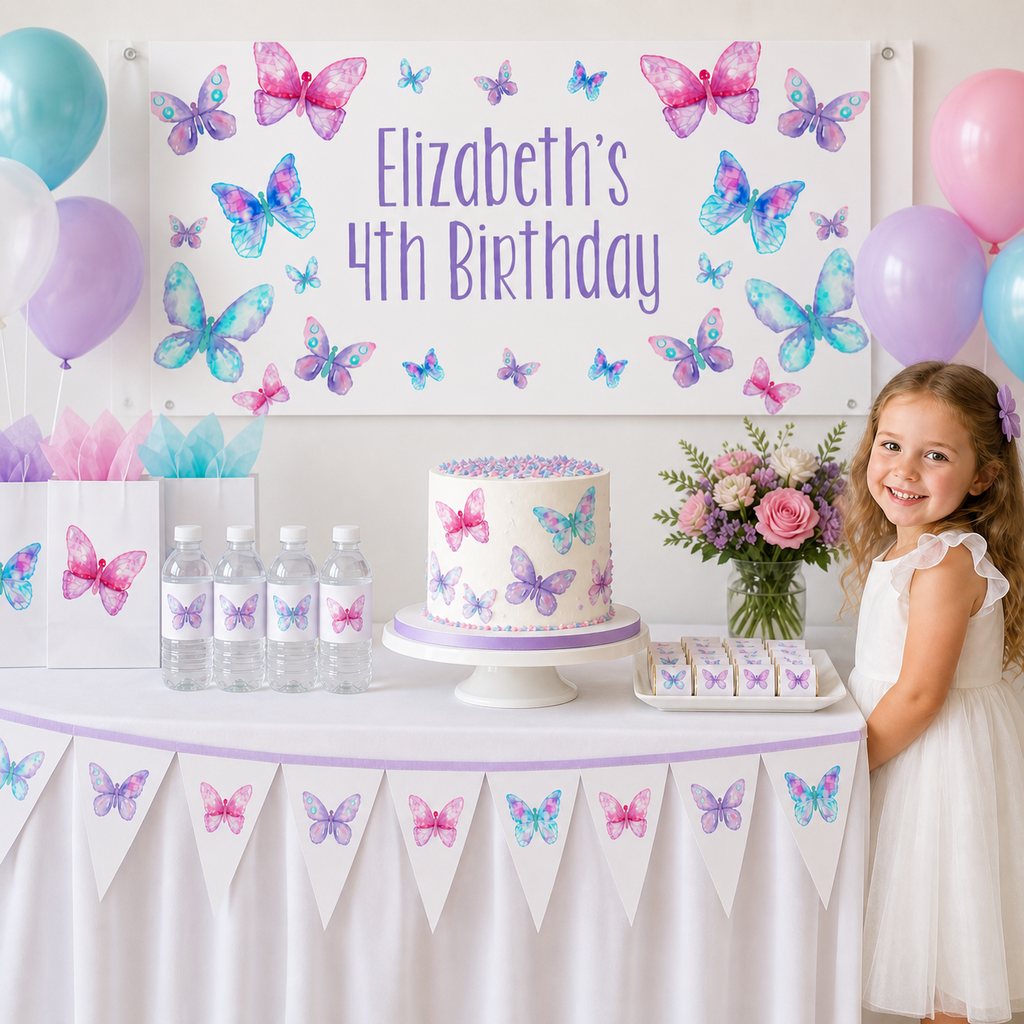 Custom butterfly birthday party setup with a personalised banner, matching cake and decorations