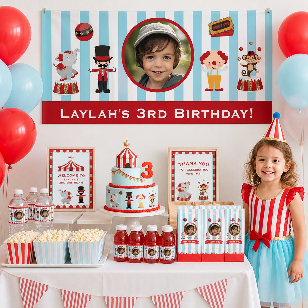 Custom carnival birthday party setup with a personalised photo banner and matching circus decorations
