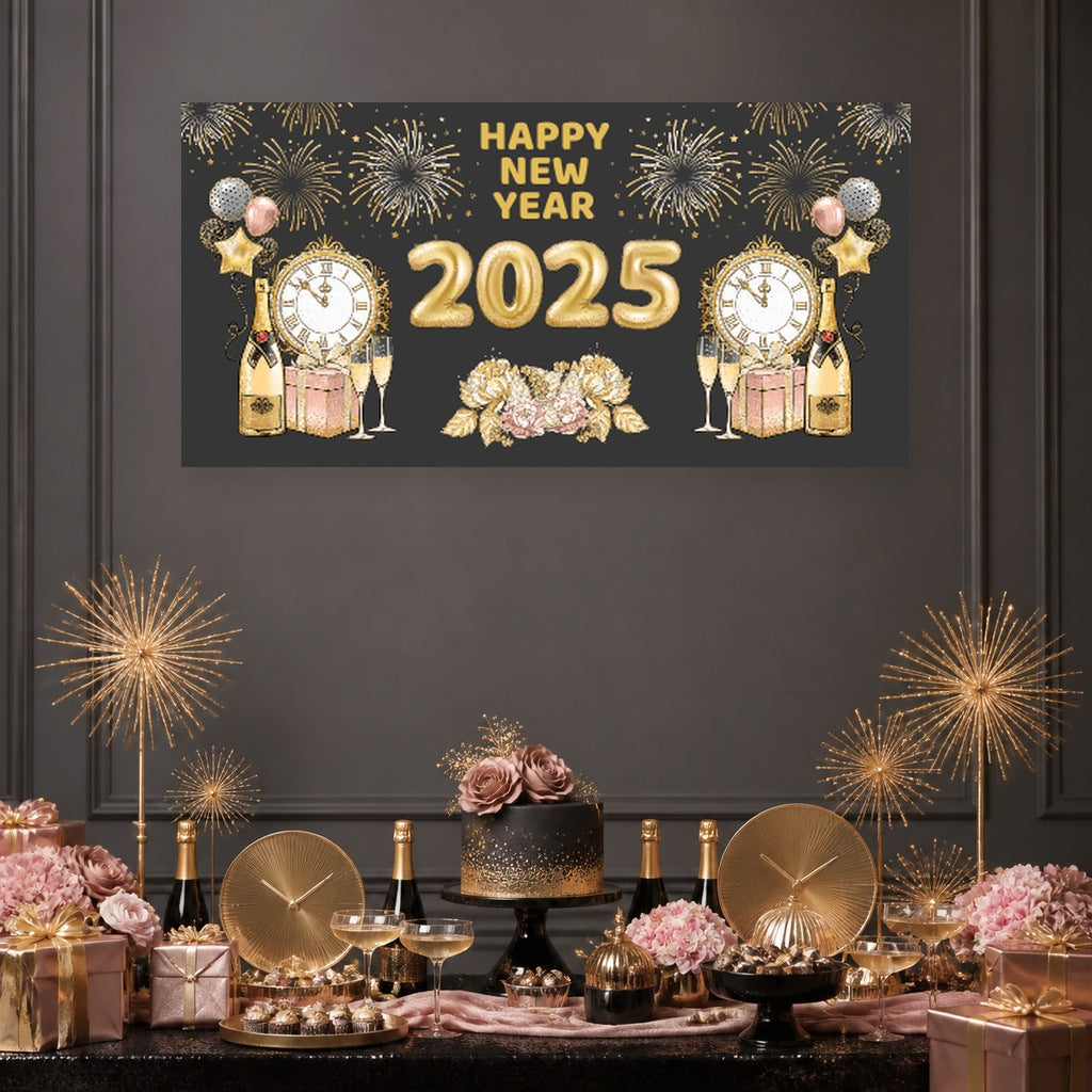 Charcoal, gold and rose pink New Year dessert table with a Happy New Year 2025 banner, cake, gold clocks, flowers and matching decorations.