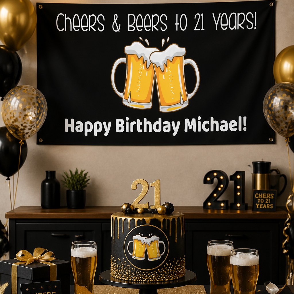 Cheers and Beers 21st birthday setup with Michael's personalised black banner and matching beer cake