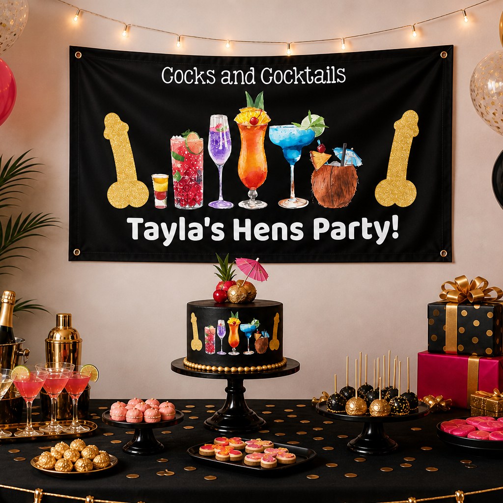 Cocks and Cocktails hens party decorations with personalised banner and matching cake