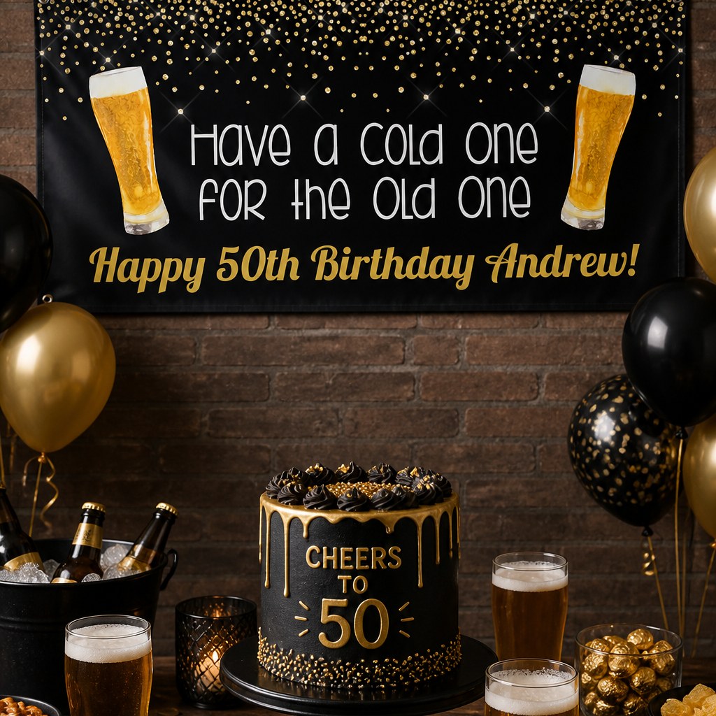 Cold One for the Old One 50th birthday setup with Andrew's personalised beer banner and matching cake