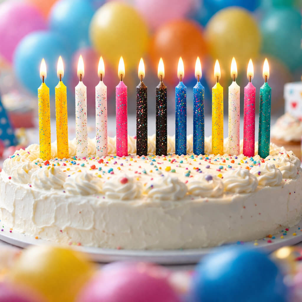 Birthday cake with multicolour candles and party decorations