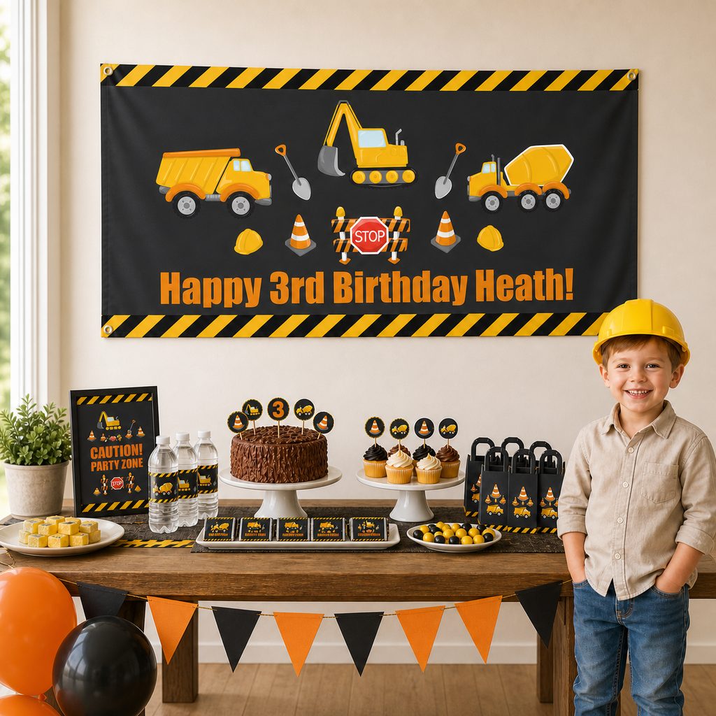 Custom construction birthday party setup with a personalised banner and matching decorations