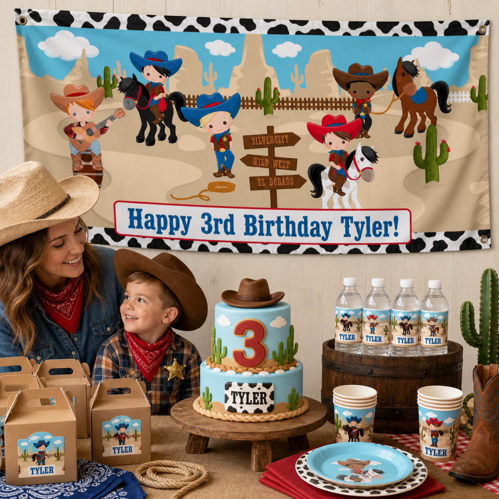 Personalised cowboy birthday decorations with Tyler's western 3rd birthday banner and matching cake