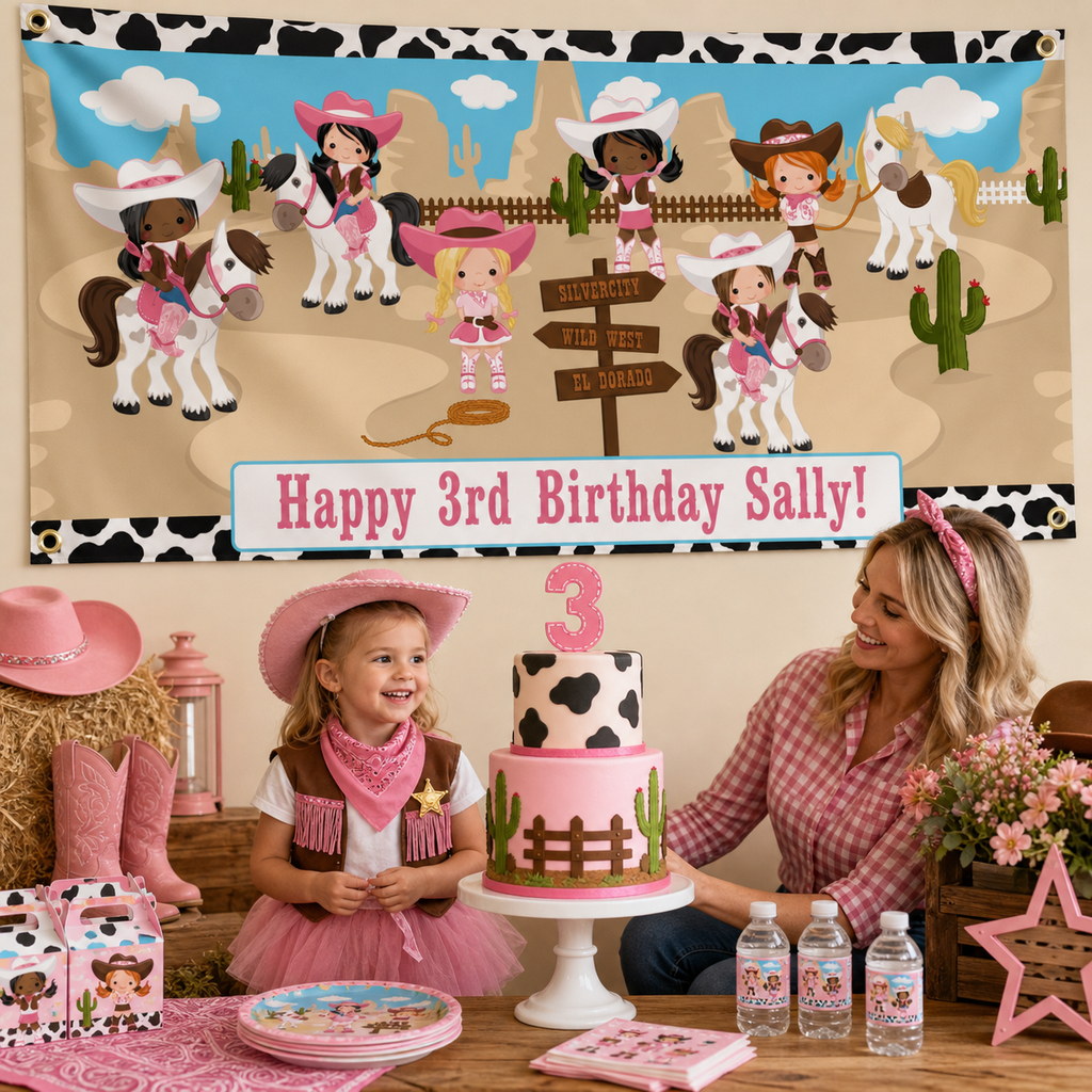 Personalised cowgirl birthday decorations with Sally's pink western 3rd birthday banner and matching cake
