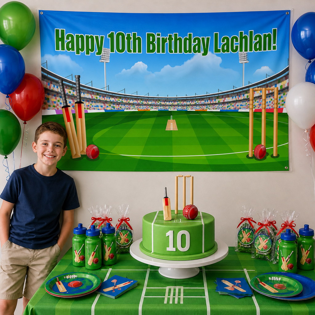 Personalised cricket birthday decorations with Lachlan's stadium 10th birthday banner and matching cake