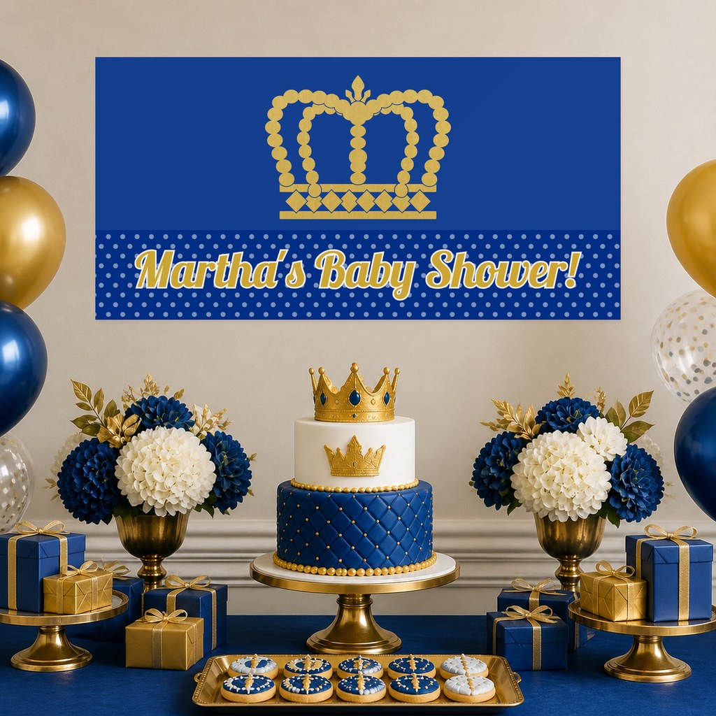 Prince Crowns Baby Shower Decorations with a personalised banner, coordinated cake, gifts and royal blue and gold crown styling.