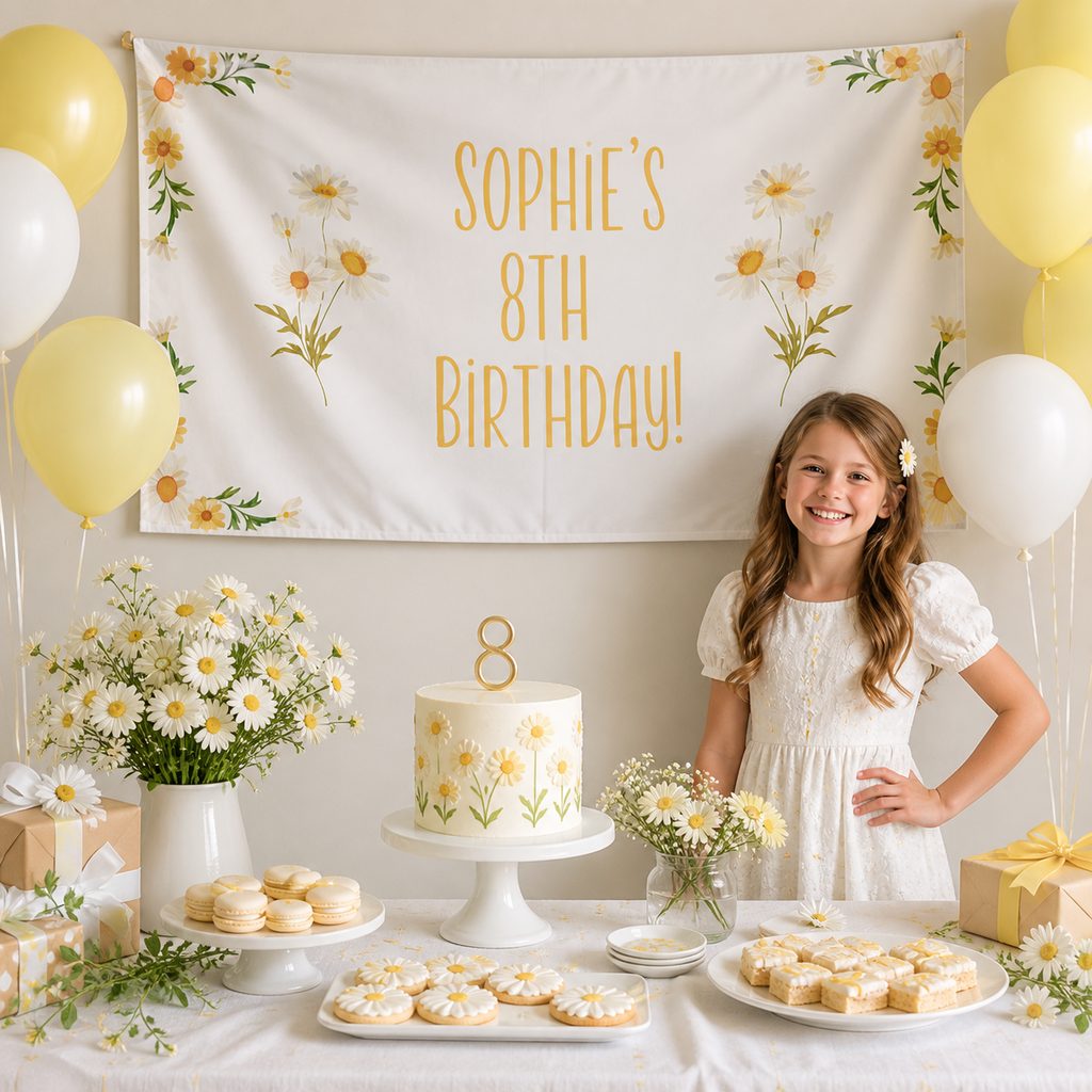 Personalised daisy birthday decorations with Sophie's 8th birthday banner matching cake and yellow balloons