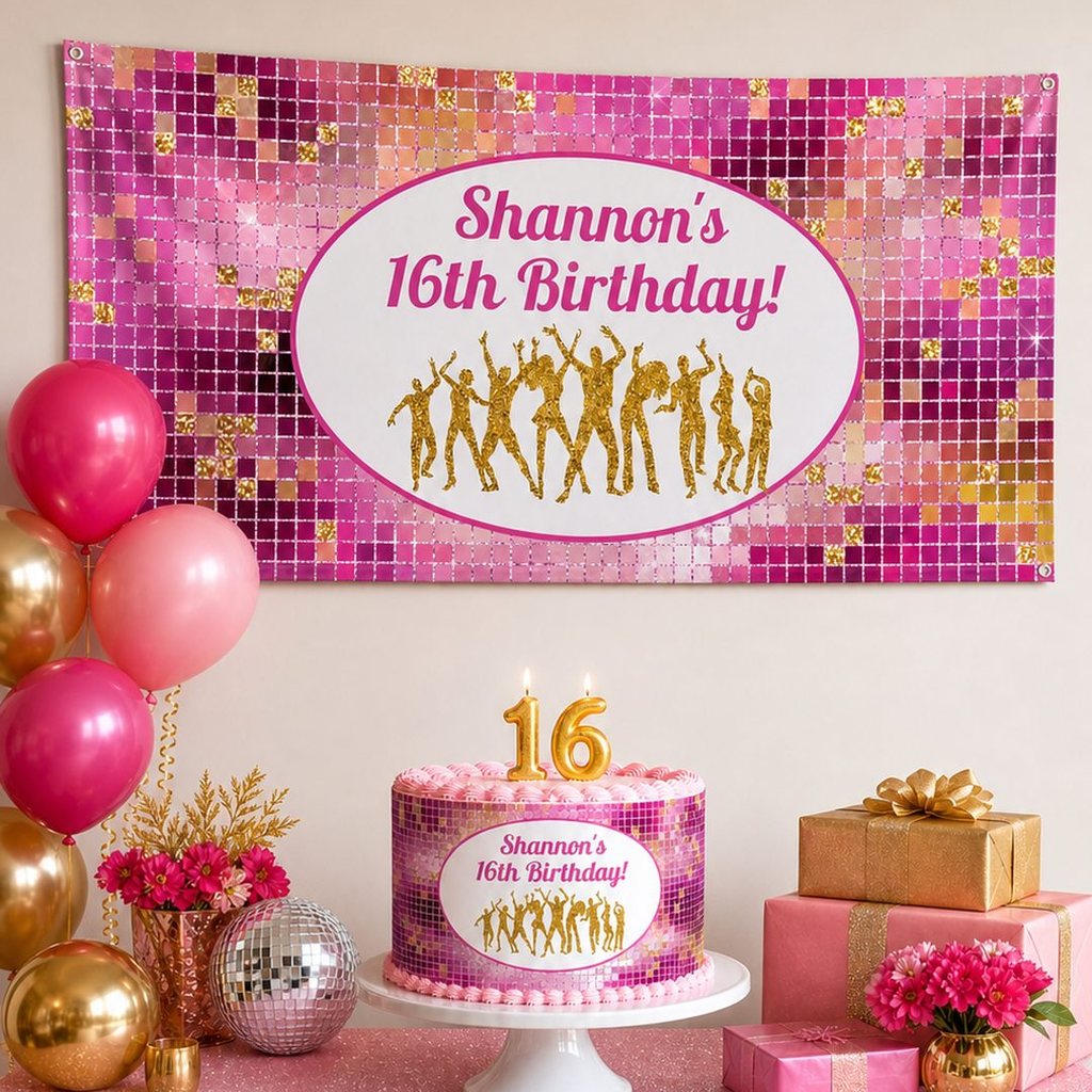 Personalised dance party decorations with Shannon's pink and gold 16th birthday banner and matching cake