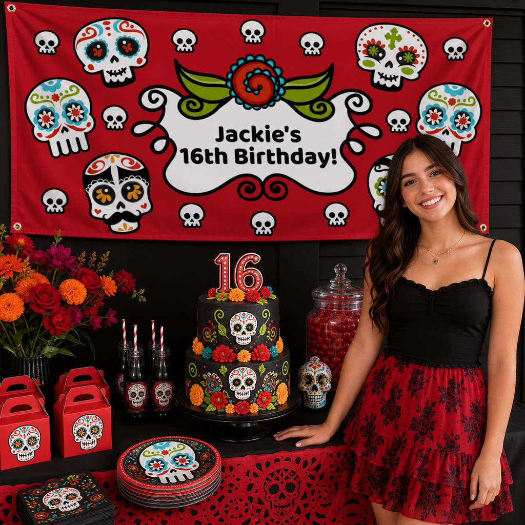 Personalised Day of the Dead 16th birthday decorations with Jackie's sugar skull banner and matching cake
