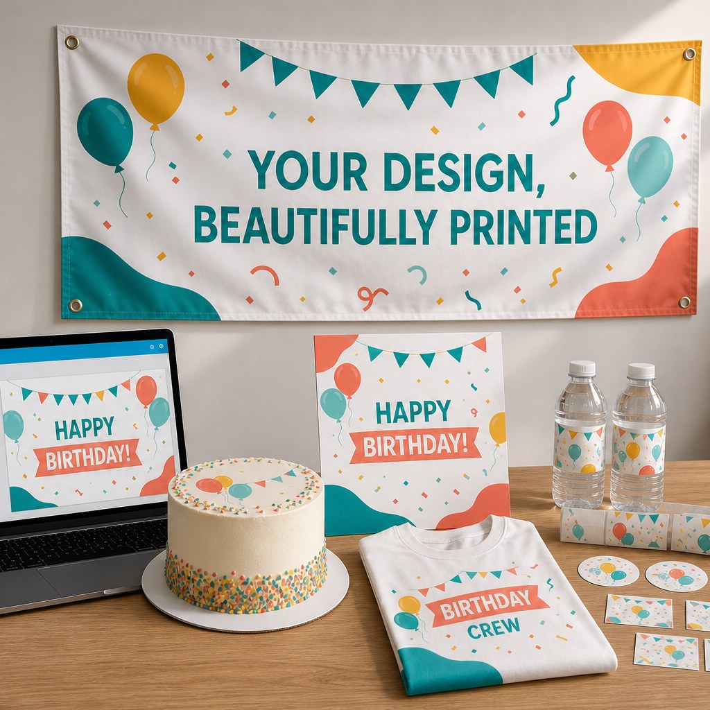 Design with Canva printing setup with custom party banner, poster, labels, stickers and apparel