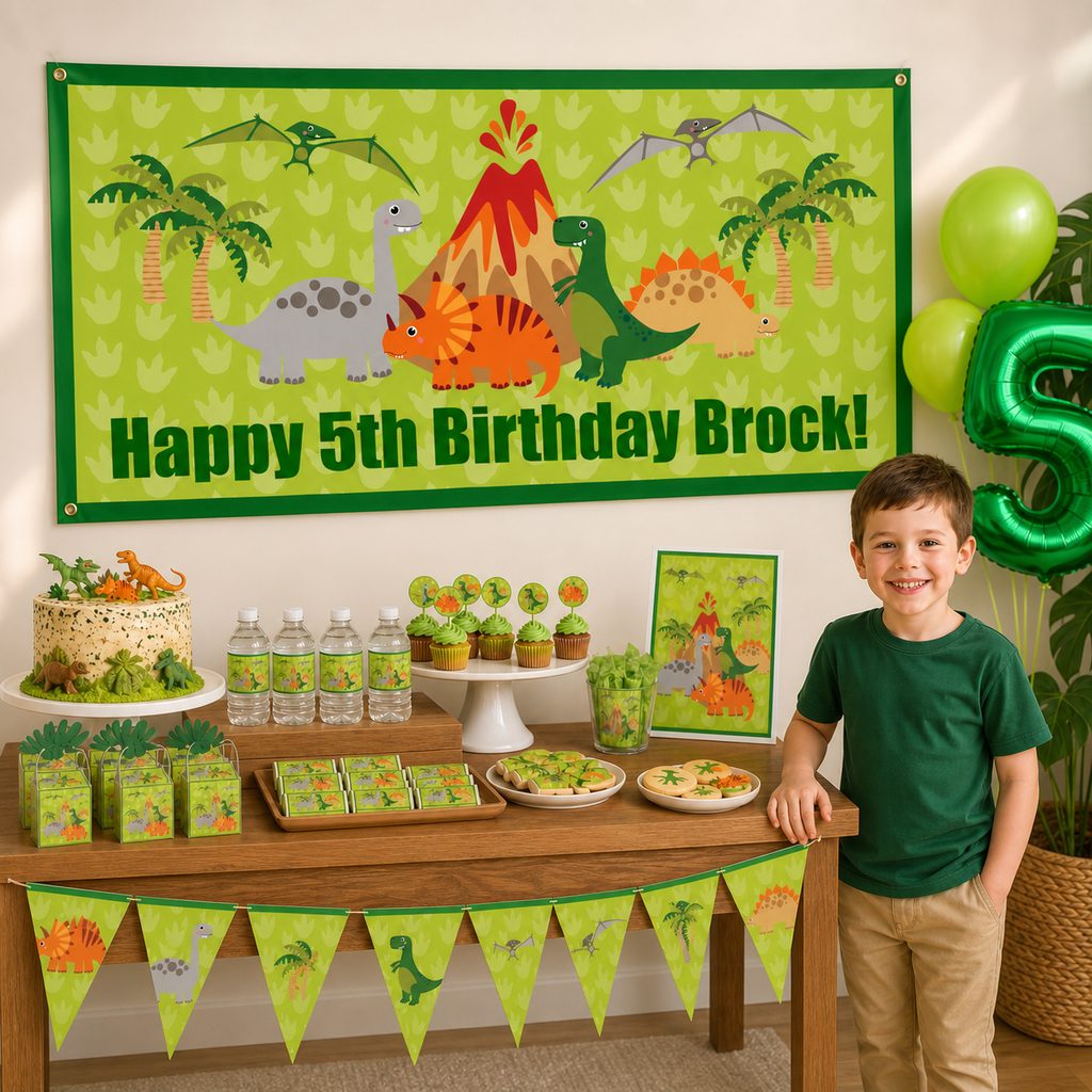 Dinosaur birthday party setup with a personalised banner, cake and matching decorations