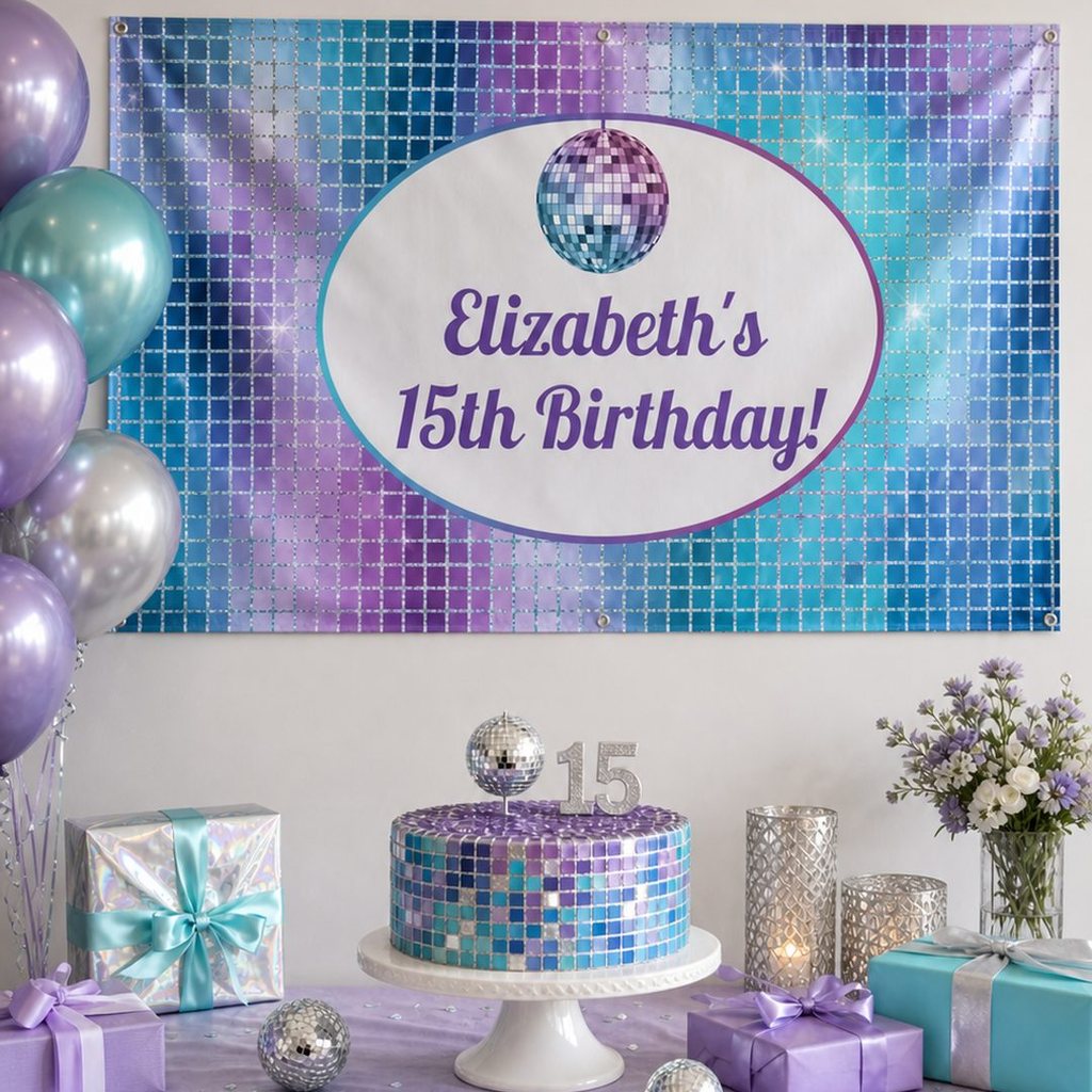 Personalised disco ball party decorations with Elizabeth's blue and purple 15th birthday banner and cake