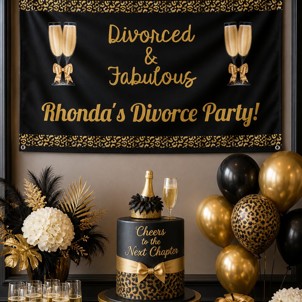 Divorced and Fabulous party setup with Rhonda's personalised black and gold banner and matching cake