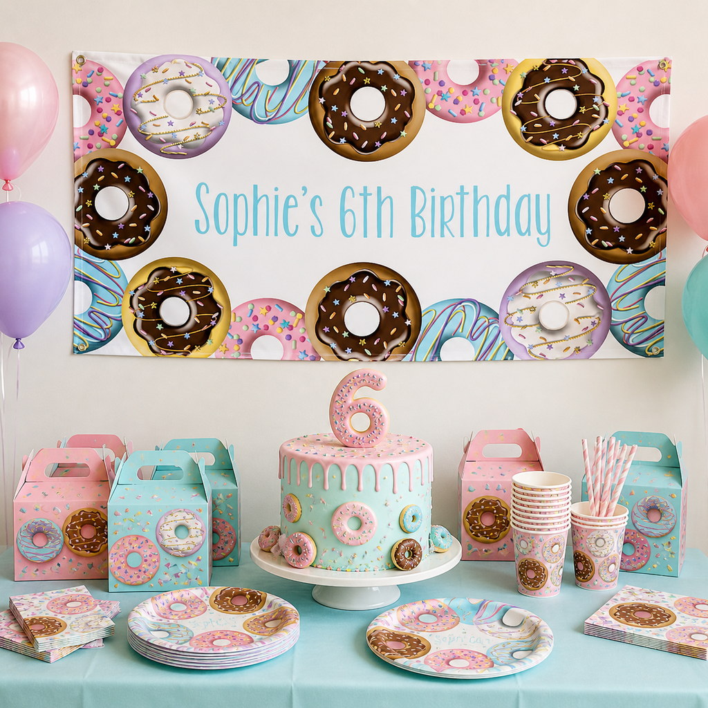 Personalised Donut 6th birthday decorations with Sophie's pastel banner and matching cake