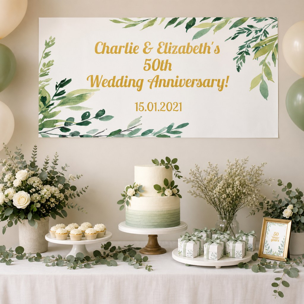 Eucalyptus Leaves Wedding Anniversary Decorations with a personalised banner, coordinated cake and eucalyptus party-table styling.