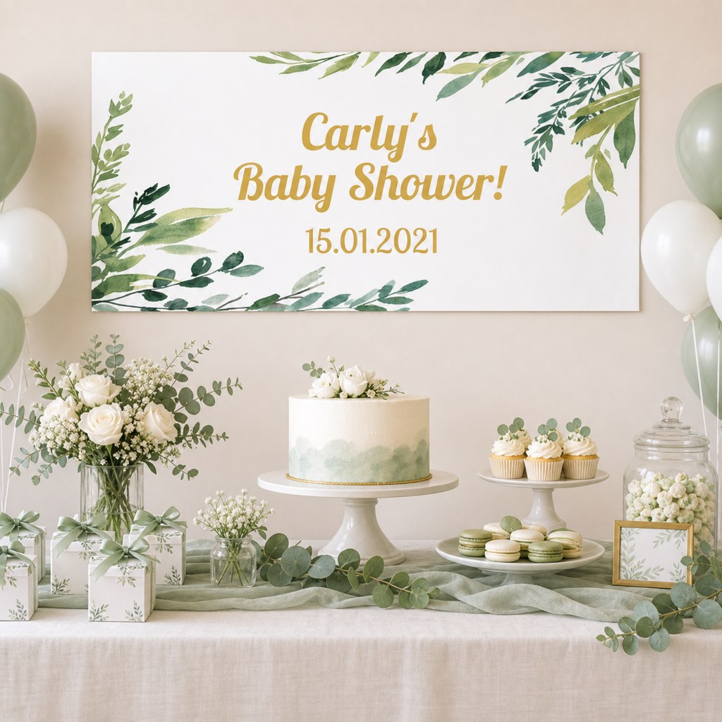 Eucalyptus Leaves Baby Shower Decorations with a personalised banner, coordinated cake and eucalyptus party-table styling.