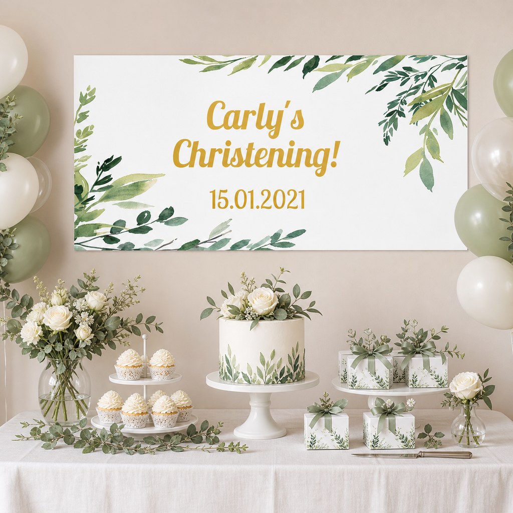 Eucalyptus Leaves Christening & Baptism Decorations with a personalised banner, coordinated cake and eucalyptus party-table styling.