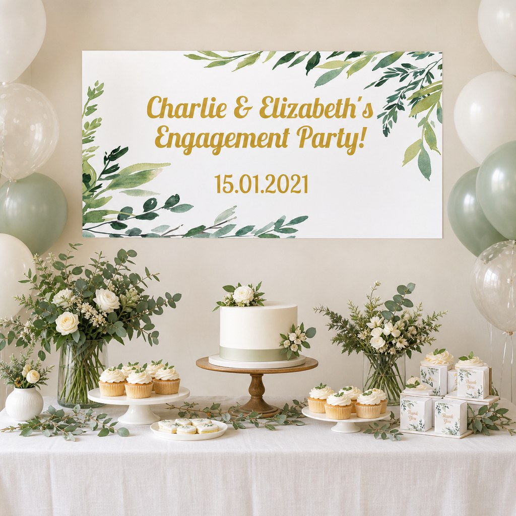 Eucalyptus Leaves Engagement Party Decorations with a personalised banner, coordinated cake and eucalyptus party-table styling.
