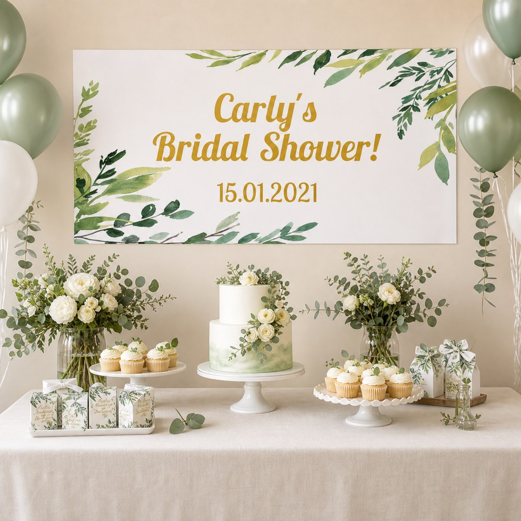 Eucalyptus Leaves Bridal Shower Decorations with a personalised banner, coordinated cake and eucalyptus party-table styling.