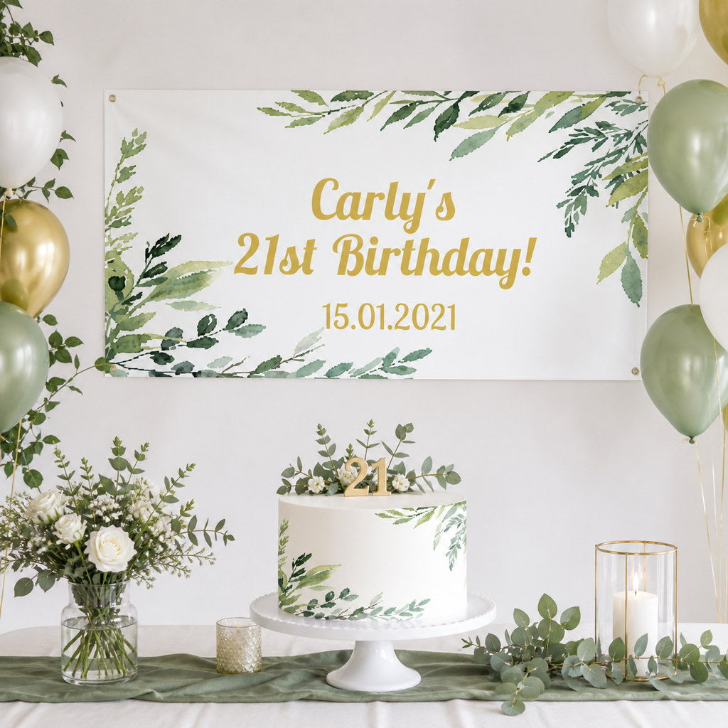 Personalised Eucalyptus Leaves 21st birthday decorations with Carly's botanical banner and matching cake
