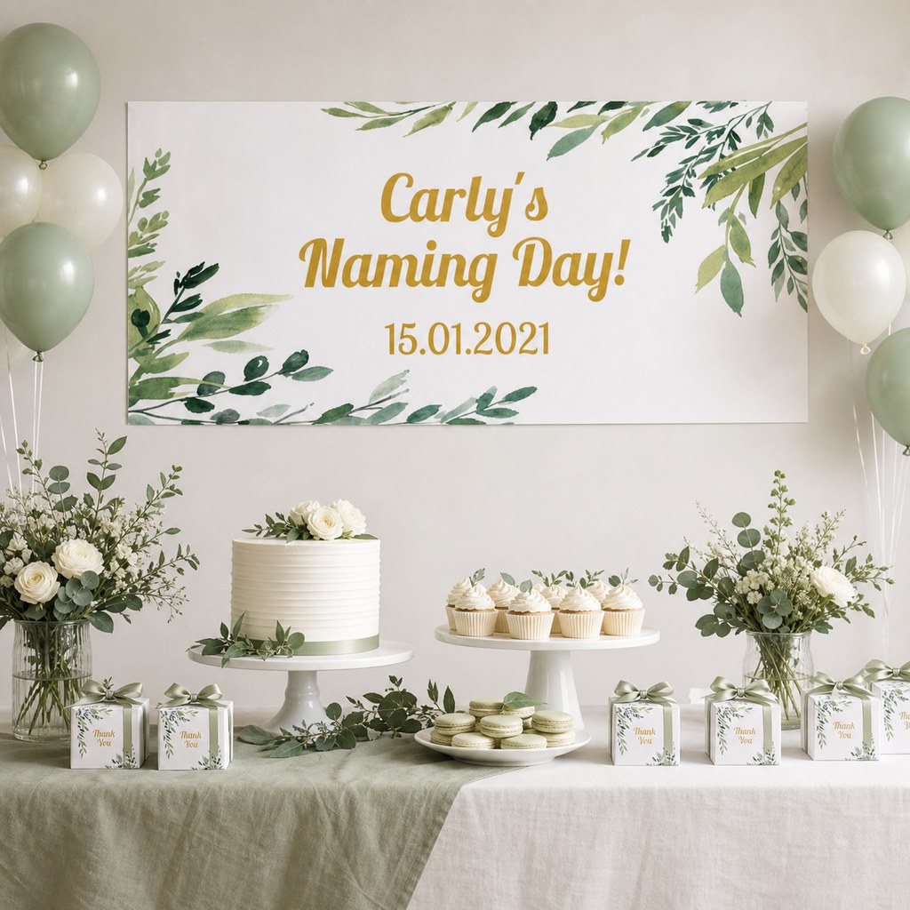 Eucalyptus Leaves Naming Day Decorations with a personalised banner, coordinated cake and eucalyptus party-table styling.