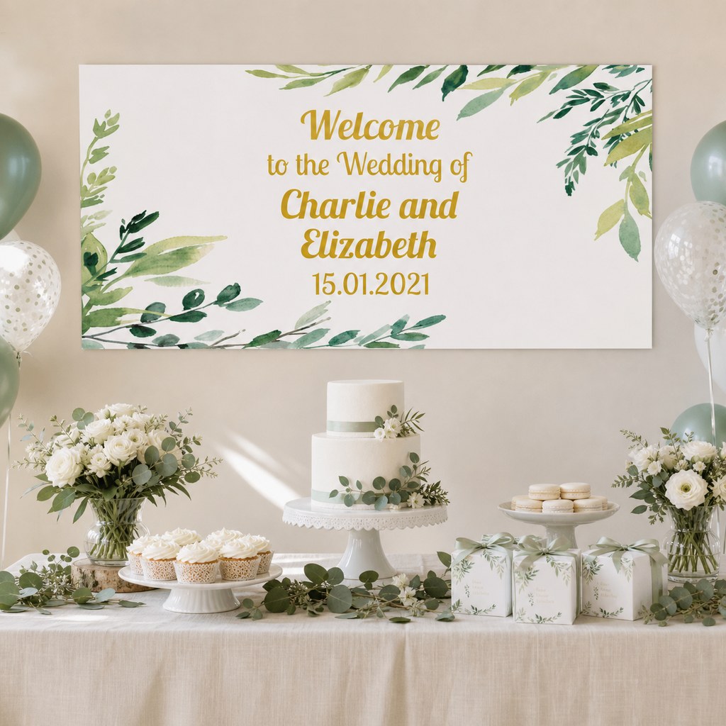 Eucalyptus Leaves Wedding Decorations with a personalised banner, coordinated cake and eucalyptus party-table styling.