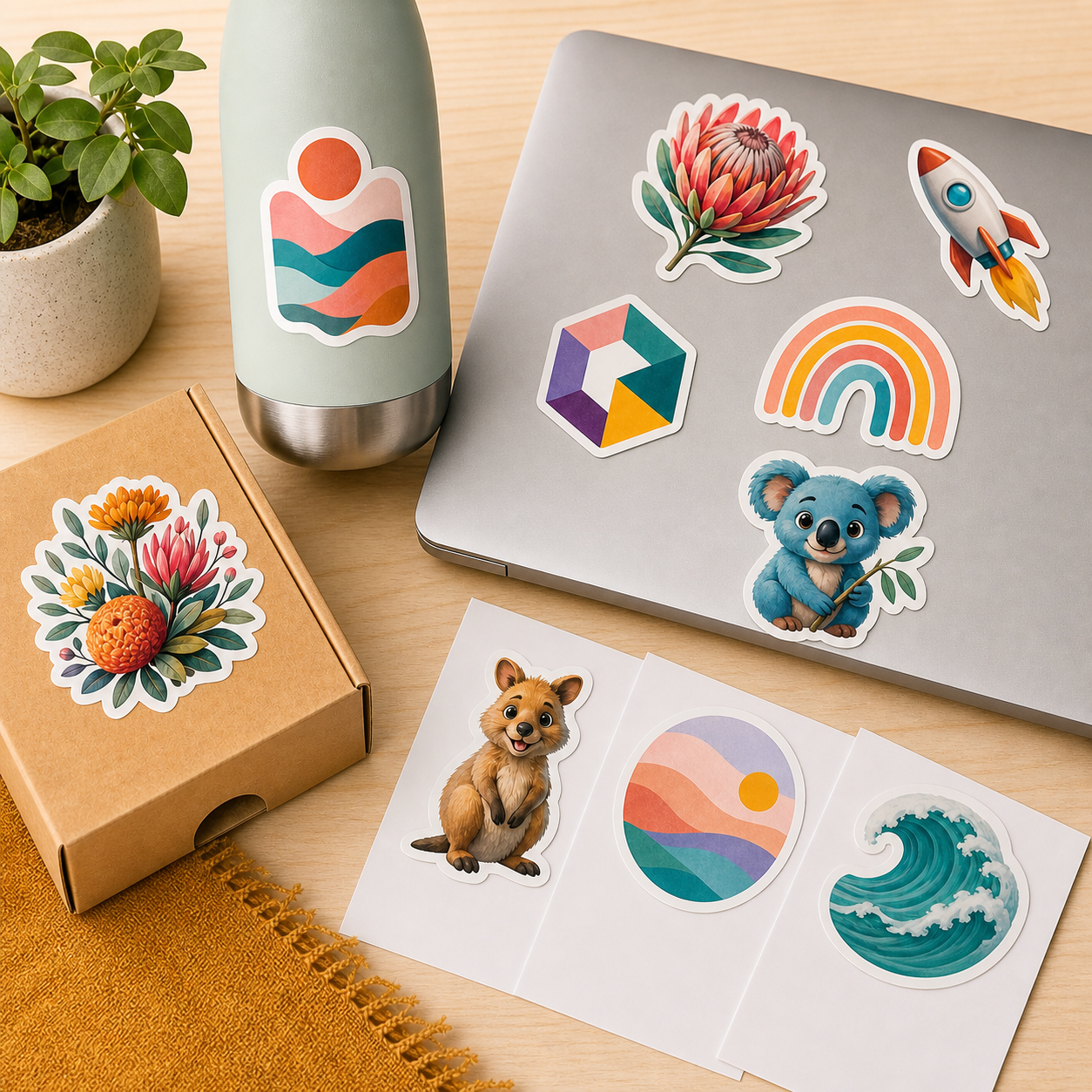 Colourful custom kiss cut vinyl stickers on a laptop, drink bottle, packaging and backing sheets.
